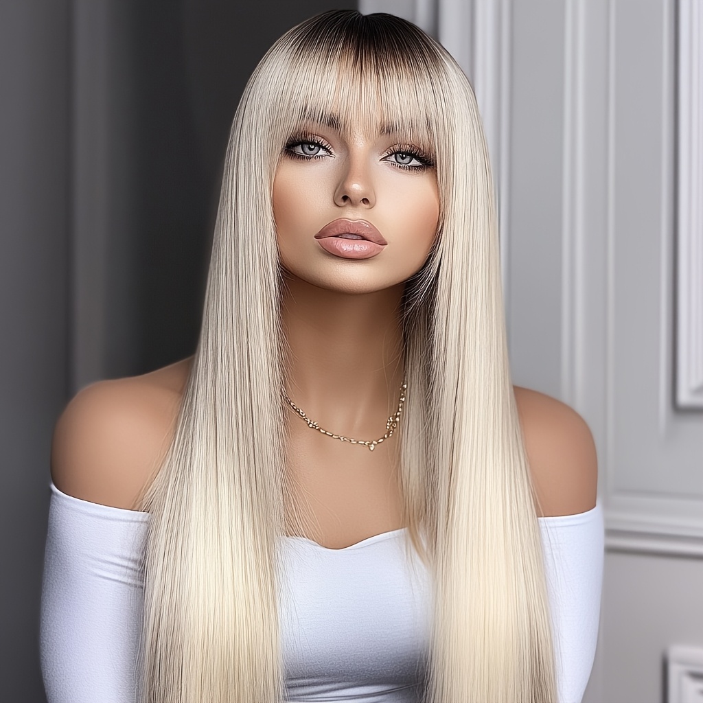 TEMU 28" Heat Resistant Synthetic Hair Wig - Golden Ombre Straight 180% Density For Women, Elegant Wedding Banquet Work Wig, No Maintenance & Fit