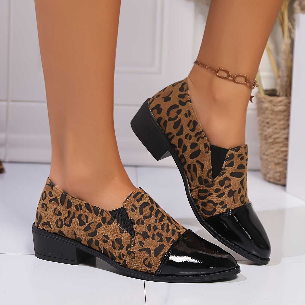 ladies leopard print loafers black slip shoes featuring an - Temu Bahrain