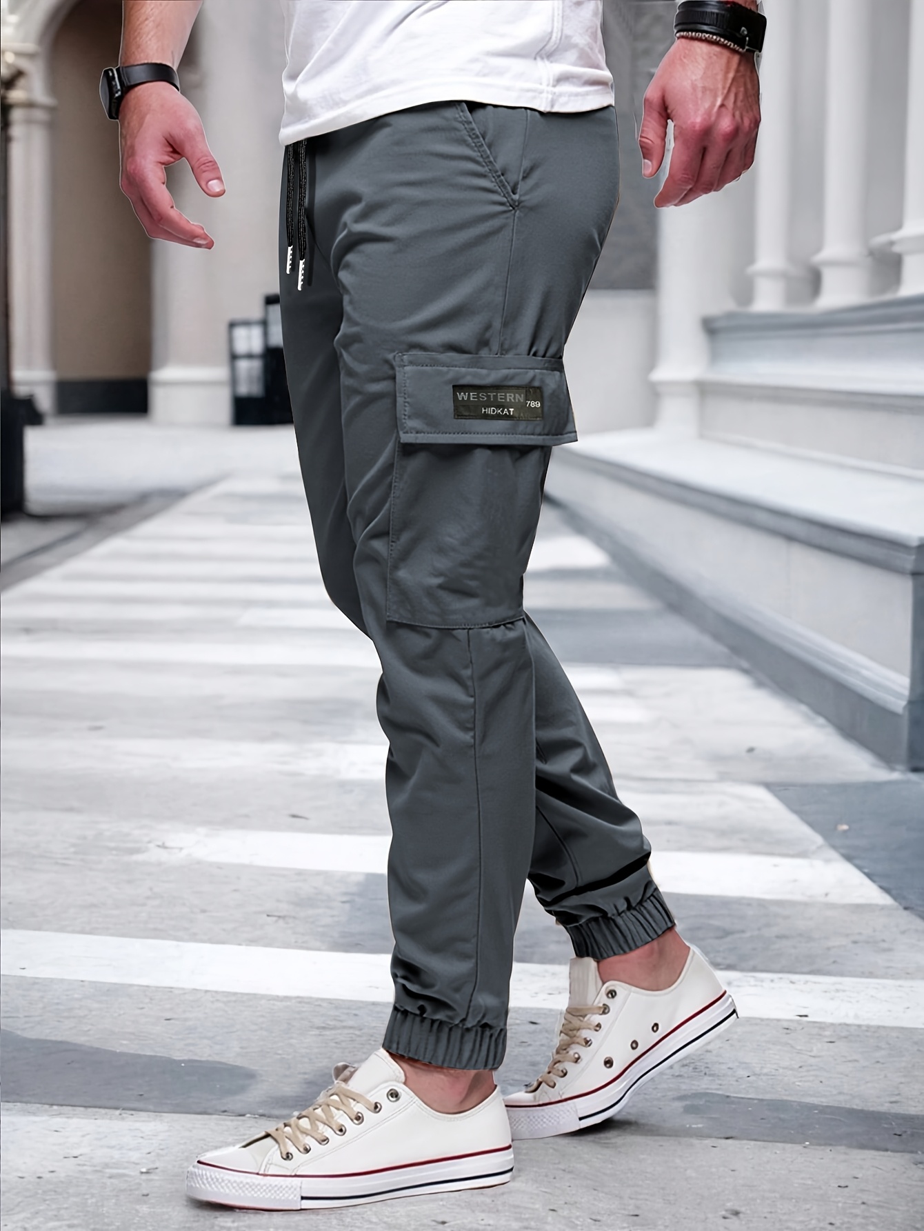 mens casual solid color cargo pants with elastic waist and side pockets comfortable for outdoor activities regular fit details 7