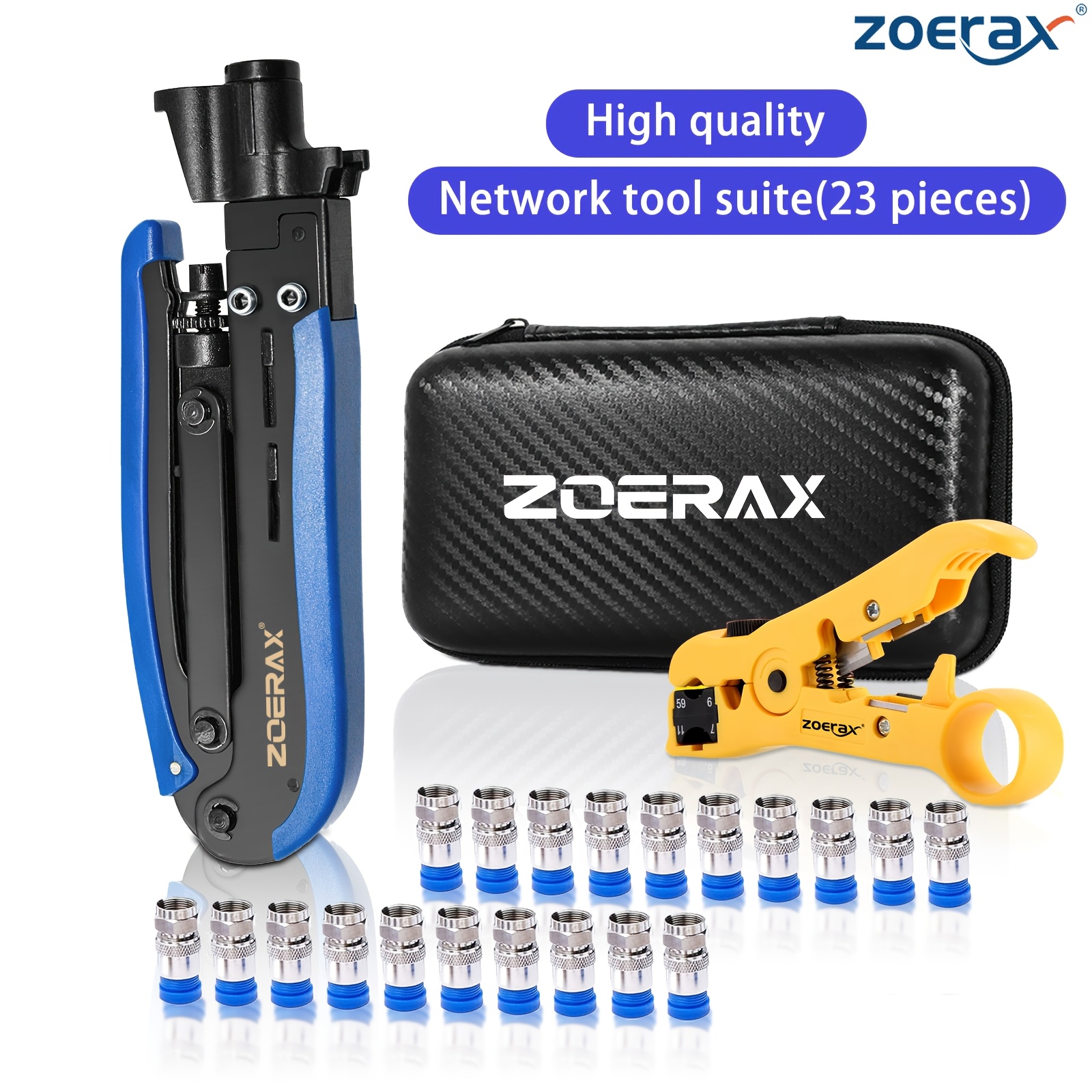 Image of Zoerax 23pcs Coaxial Cable Compression Tool Kit, Crimping Tool Cable Crimping Plier, Wire Stripper With F Connectors, Portable Storage Bag For Cctv & Tv Coaxial Wiring Installation