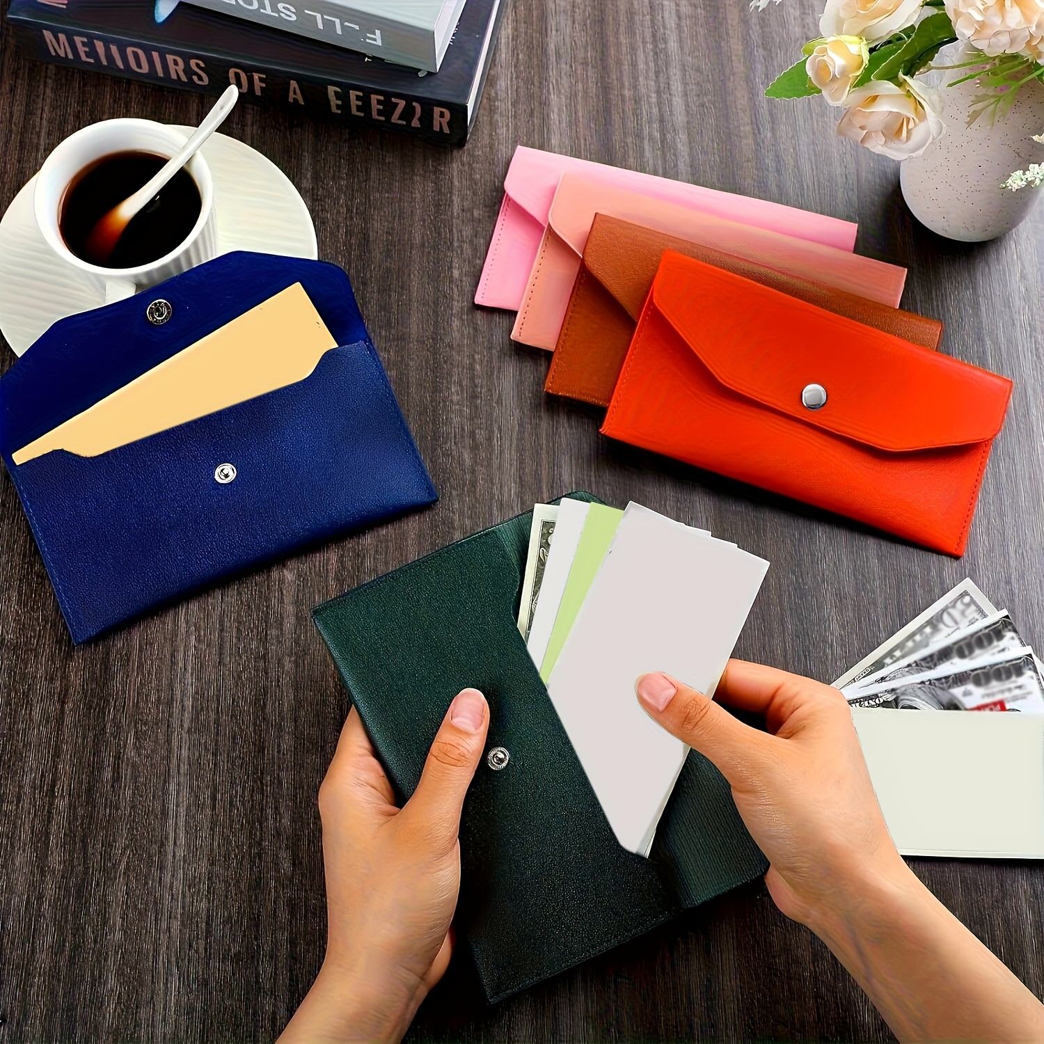 a pu leather cash envelope wallet with a rectangular snap design   in multiple colors office supplies for managing funds budgeting and check storage