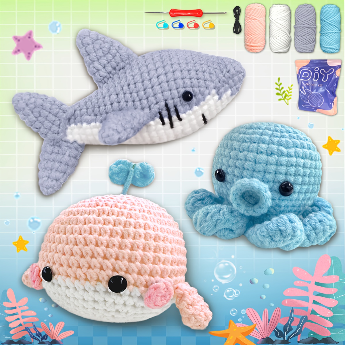 

3pcs Yamaxin Ocean Animals Crochet Kit - Whale, Octopus, Mini Shark, Soft Fluffy Yarn, Beginner Friendly, All , Diy Craft Set With Tools & Instructions