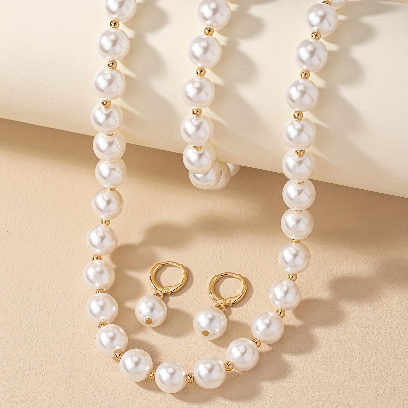 TEMU 4pcs Classic Elegant Women' Pearl Jewelry Set, Single Row Pearl Clavicle Necklace, Pearl Bracelet, Pearl Hoop Earrings, Minimalist Versatile