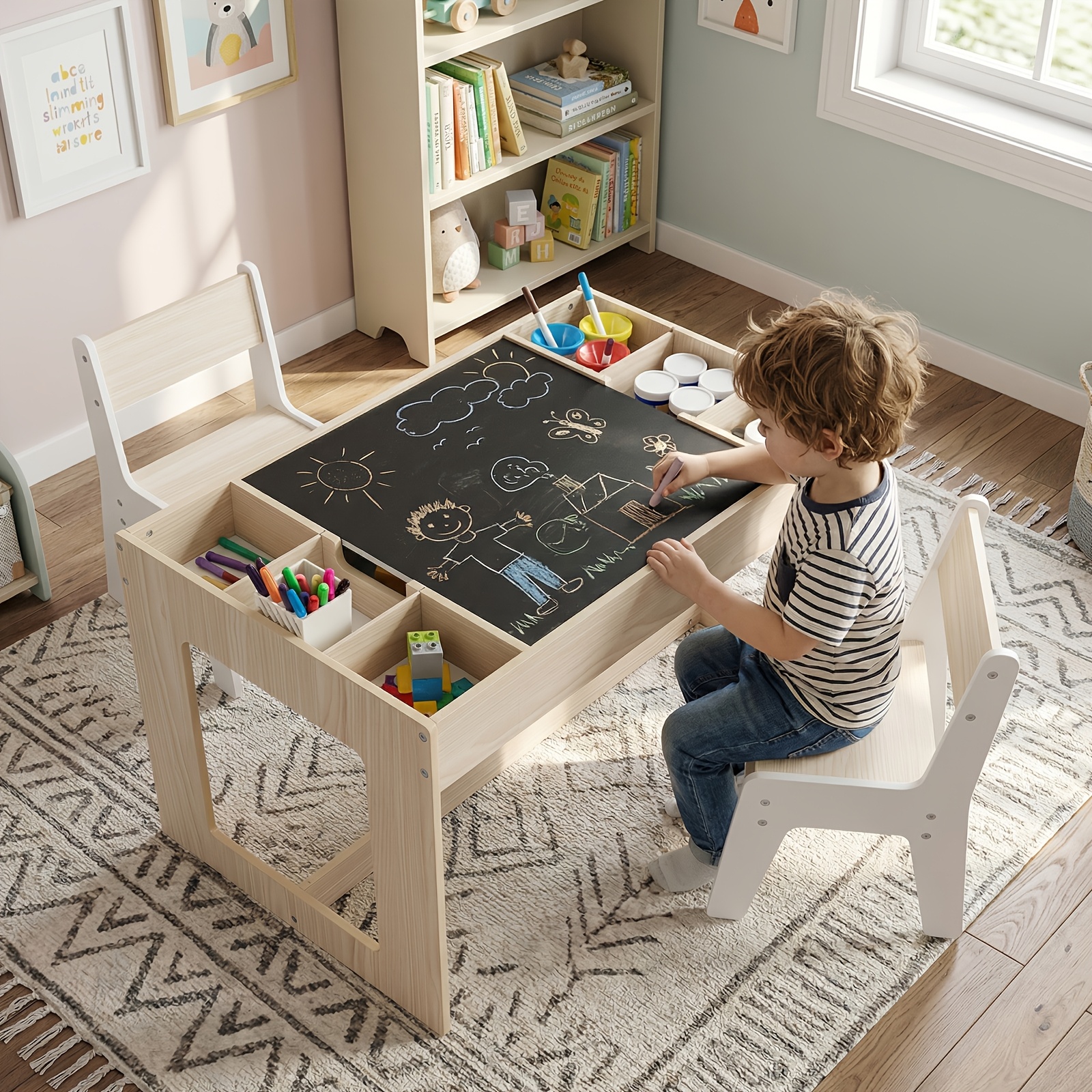 Kids Table And 2 Chairs Set, Wooden Activity Table For Children With Removable Double-sized Tabletop, Chalkboard And Whiteboard, Side Storage Compartments With Detachable Dividers, White And Natural