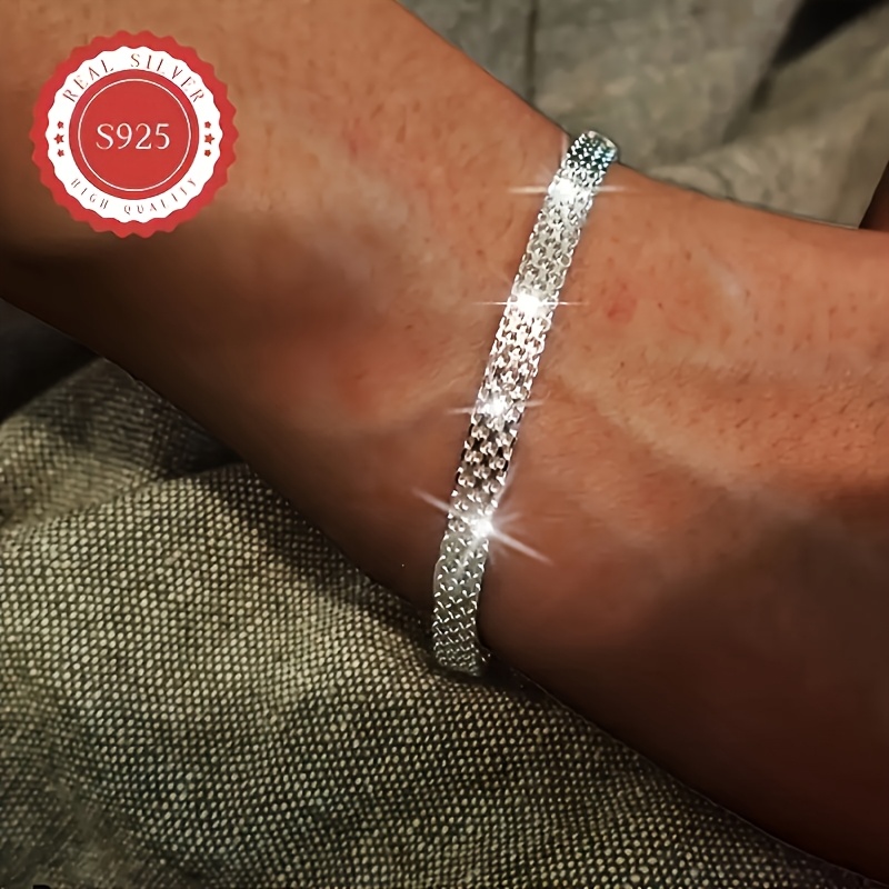 S925 Pure Silvery Chain Bracelet, Mesh Embossed Pattern