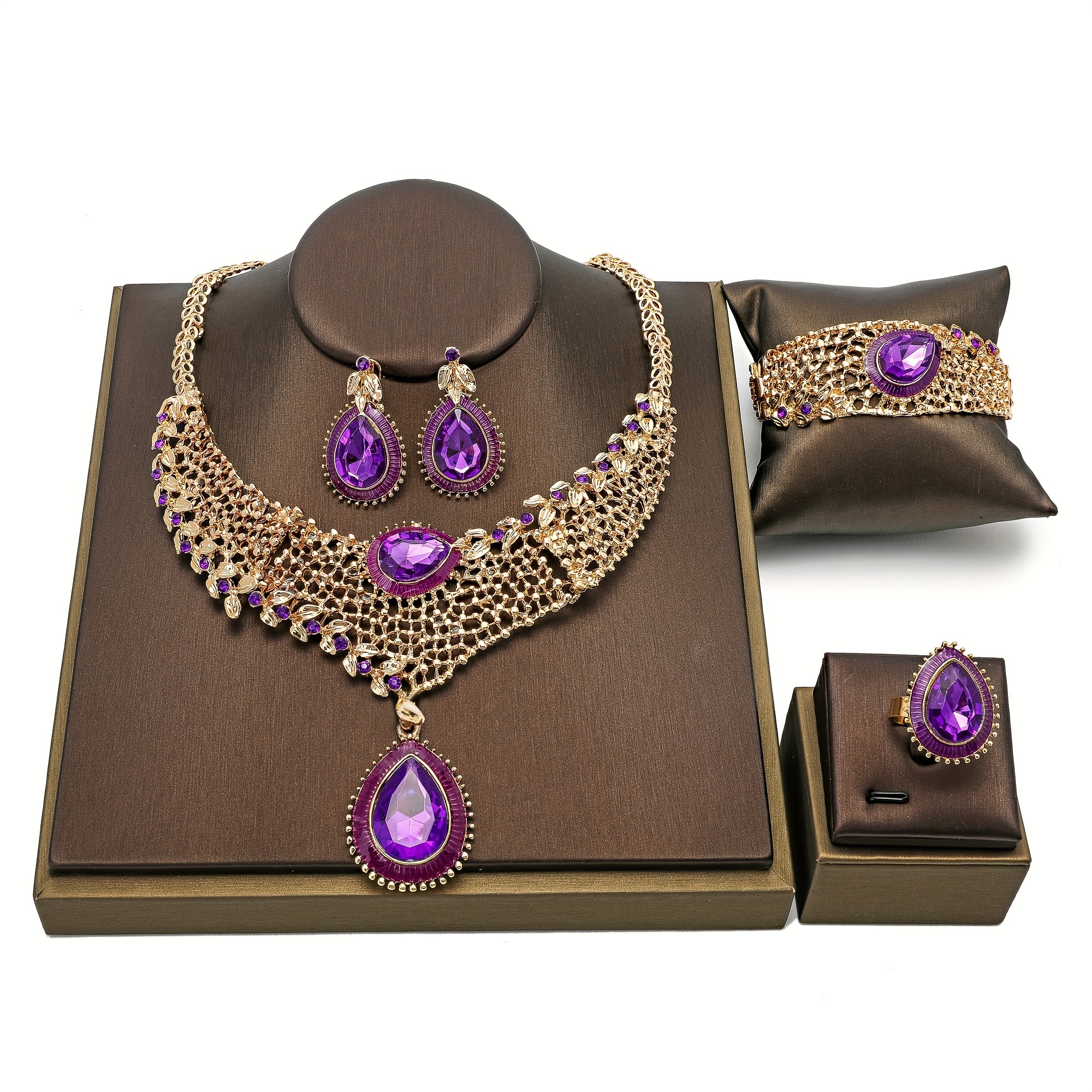 

5pcs Earrings Necklace Bangle Plus Ring Traditional Bridal Jewelry Set 18k Plated Trendy Leaf Design Inlaid Purple Zirconia Match Daily Outfits