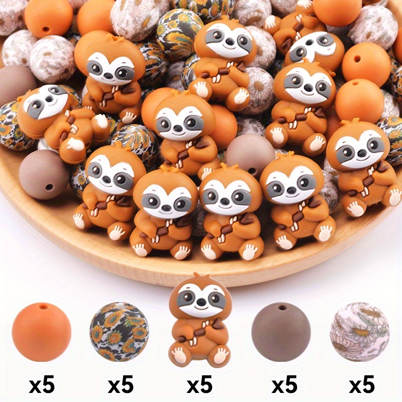 TEMU 25pcs Cute 3d Sloth Silicone Bead Set, Perfect For , Bracelets, Keychains And Bag Charms, Silicone Character Beads - Beads & Bead Assortment
