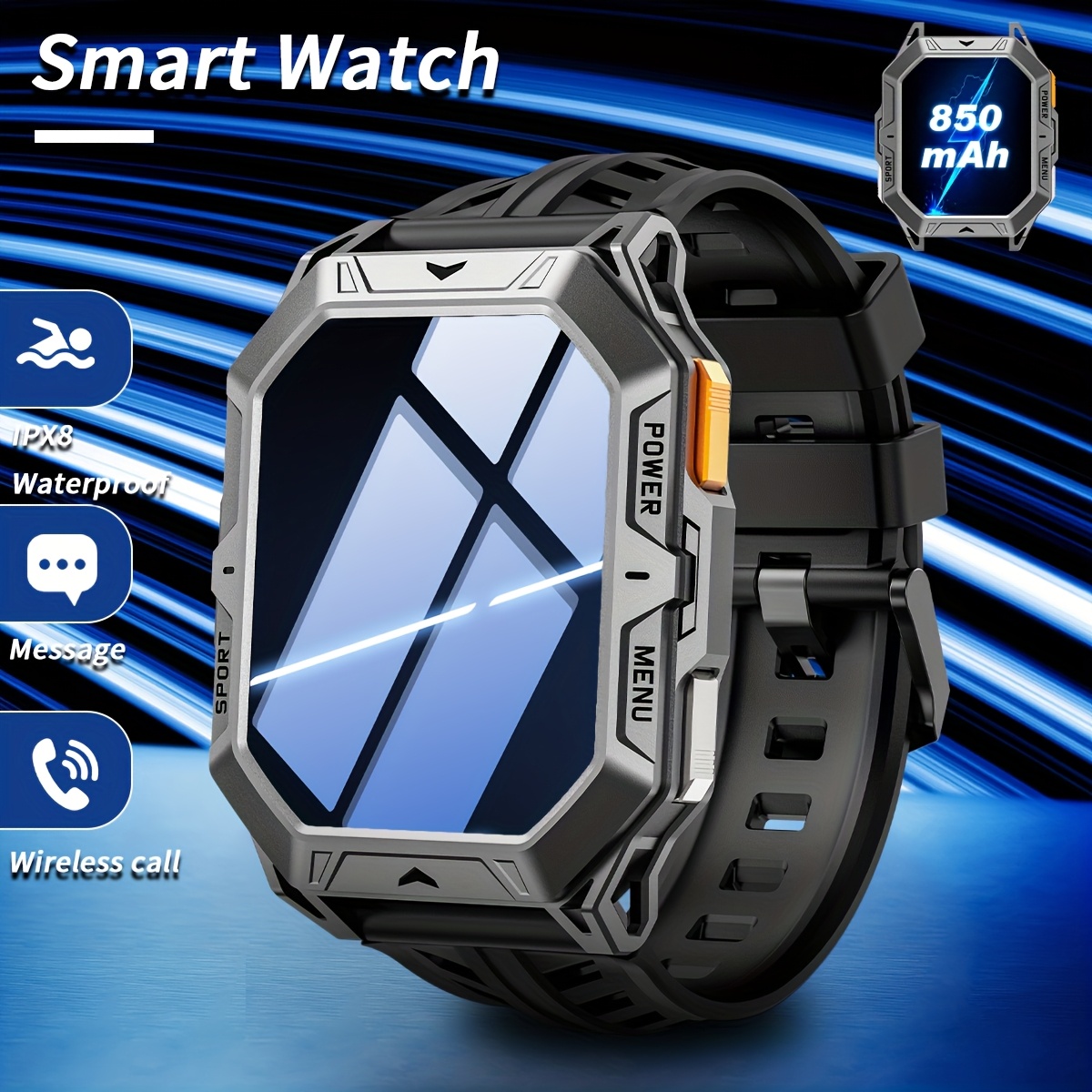 Montre connectée LIGE pour homme, IPX8, écran AMOLED 2,13 pouces, 100+ modes sport, appel sans fil, affichage météo, batterie 850 mAh, 100 jours d'autonomie, montre de sport pour iPhone et Android, noir/gris, cadeaux de la Saint-Valentin