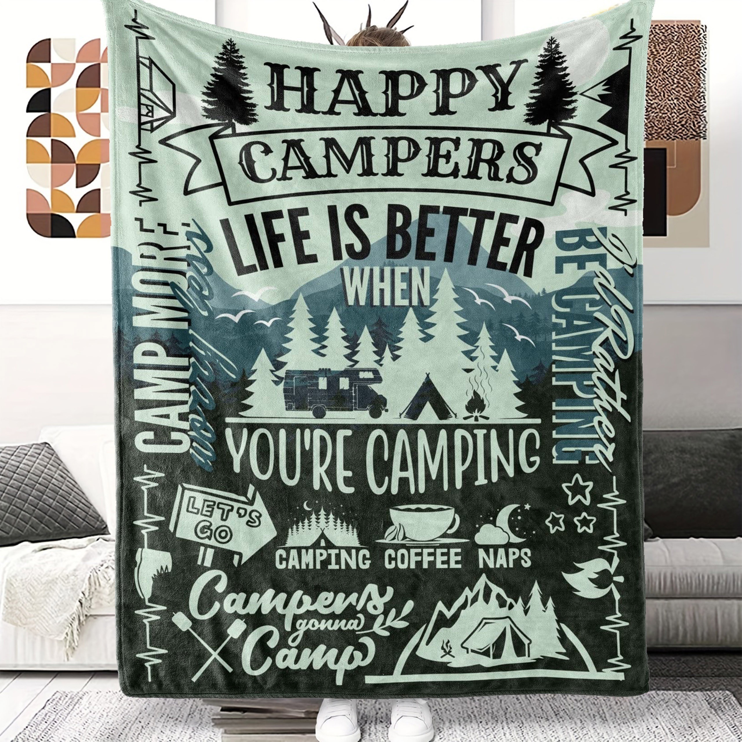 

1pc Camping Theme Gift Blanket For Women Men Lovers Flannel Blanket, Decor Outdoor Blanket, Campsite Travel Hiking Throw Blanket