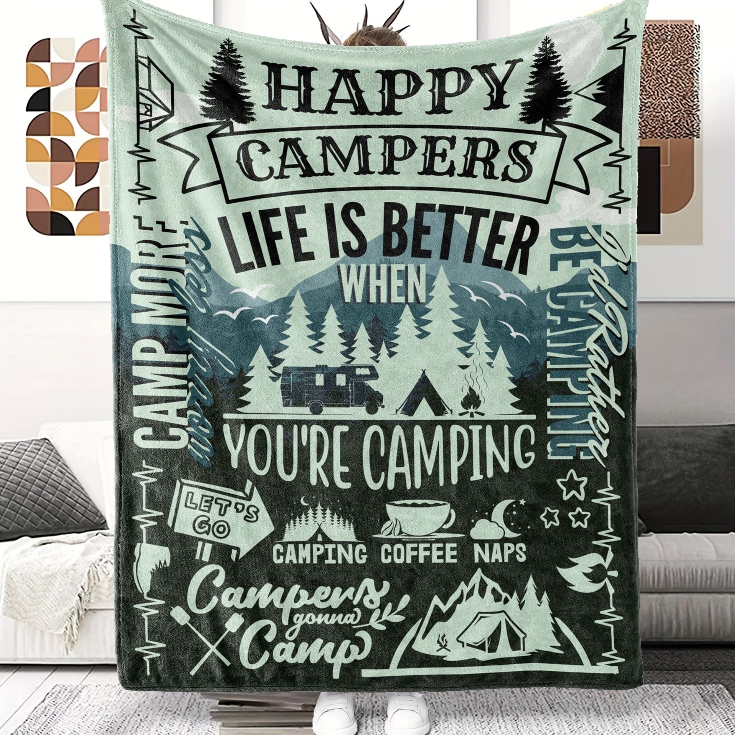 

1pc Camping Theme Gift Blanket For Women Men Lovers Flannel Blanket, Decor Outdoor Blanket, Travel Hiking Throw Blanket