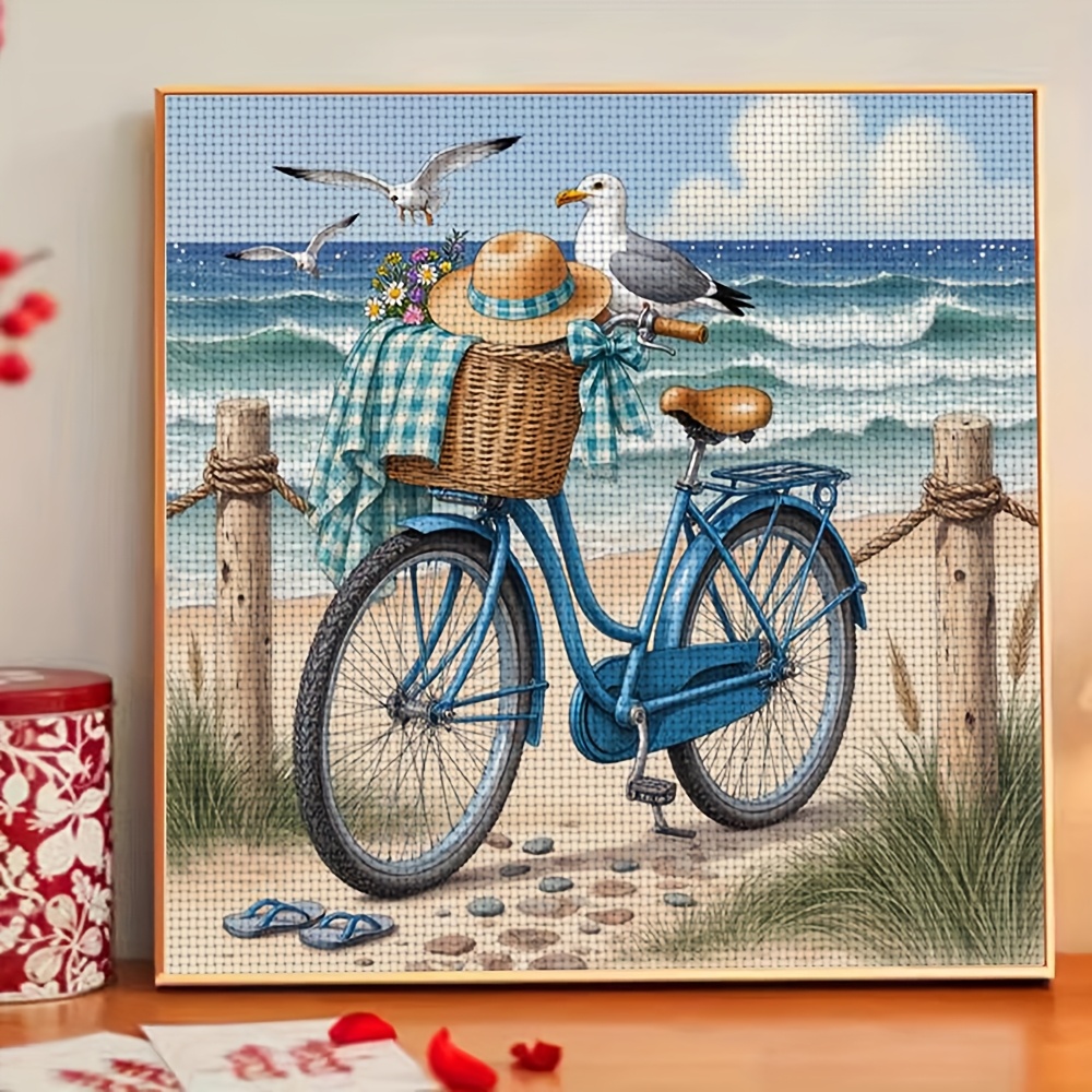 TEMU 1 Kit de point de croix cadre 11CT - Vélo avec vue sur, œuvre d'art à , convient aux débutants adultes, très approprié pour la décoration murale