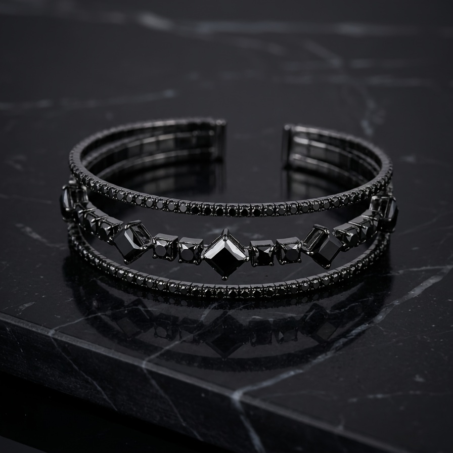 TEMU Bracelet Ouvert Extensible Noir Élégant | à Trois Rangs avec Incrustation de Synthétique, Convient pour Banquets, Vacances et Festivals de