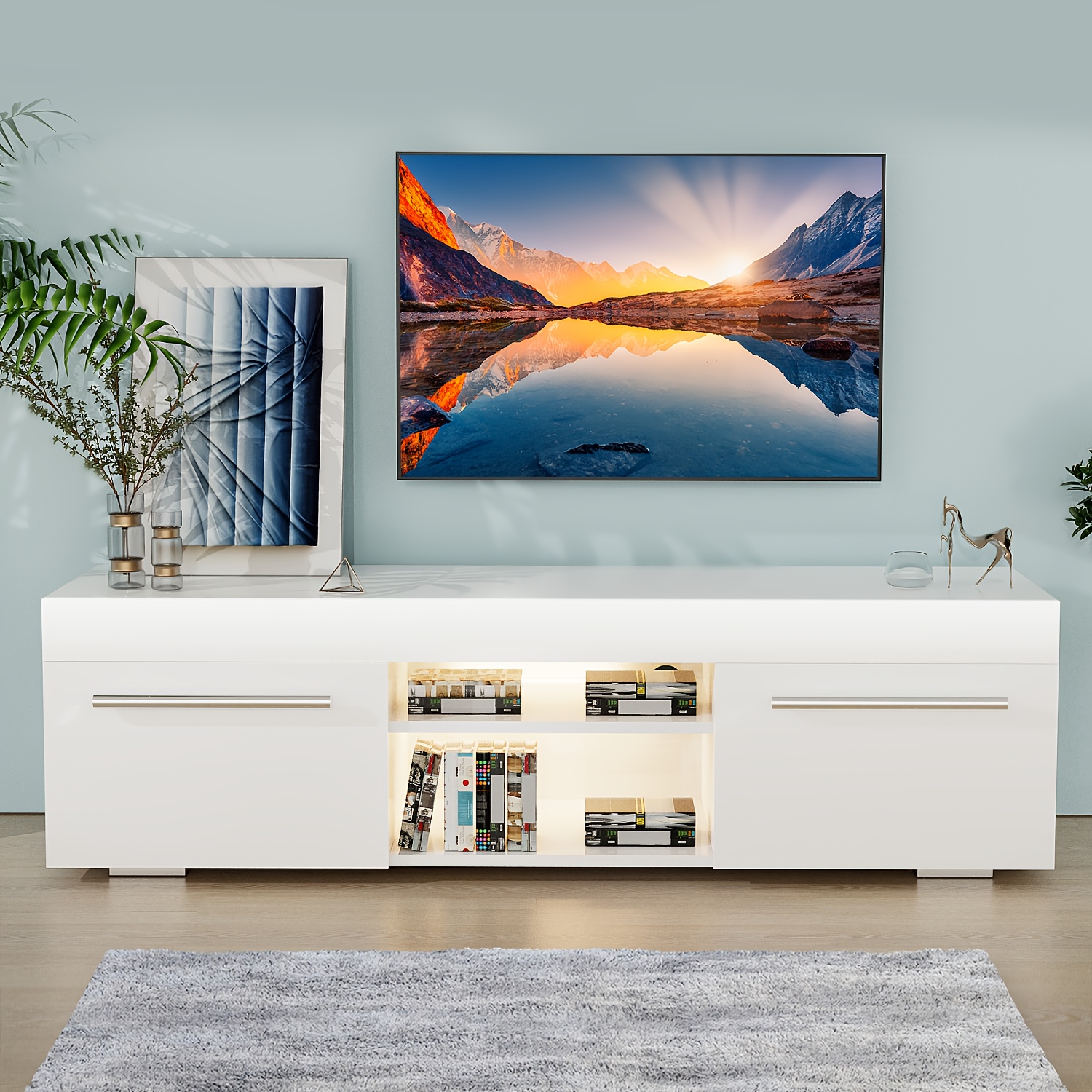 E-shop TV-Ständer Schrank Moderner weißer, glänzender TV-Ständer mit LED-Beleuchtung 130CM, 2 Türen, 2 offene Regale LED TV Schrank für Schlafzimmer