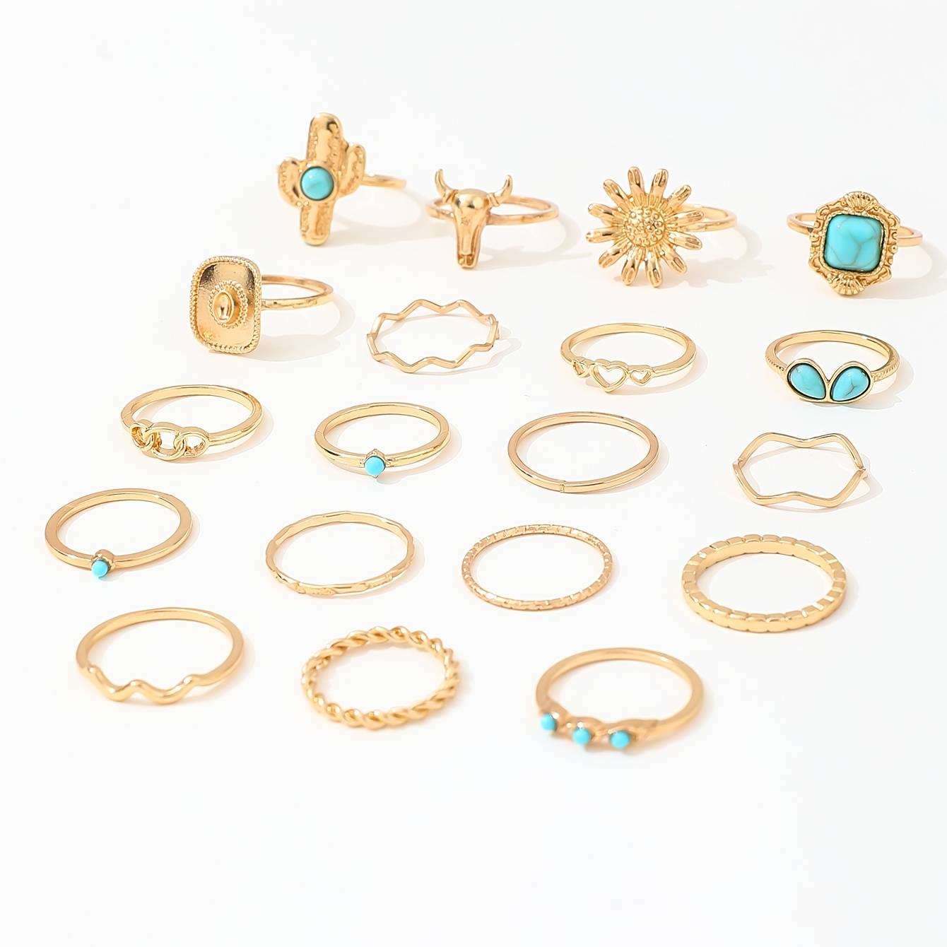 19pc Alloy Faux Turquoise Inlaid Stackable Ring Set