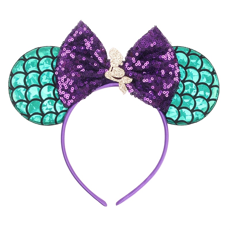 TEMU & Mouse Ears Headband - Sparkling Purple Bow With Green Seashell Design, Themed Parties & Dress Up, Party Headband | Accessory | Plastic Headband, Headband For Women