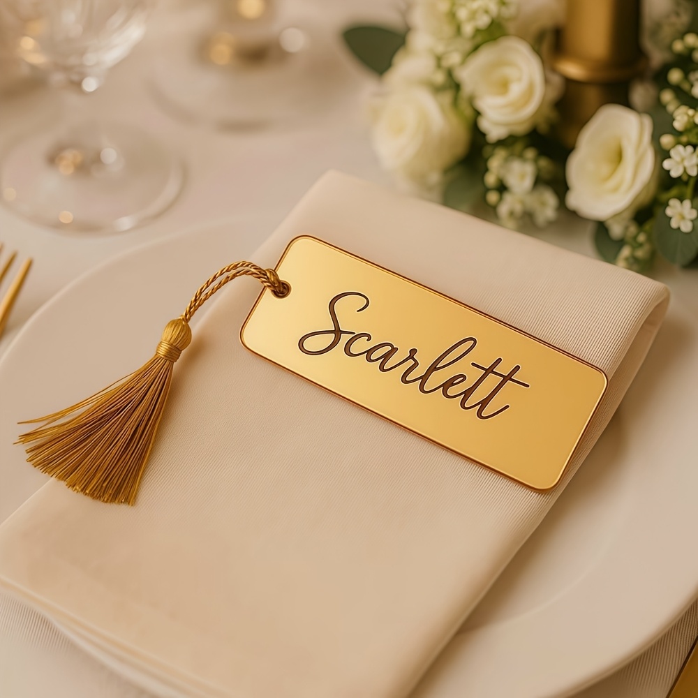 E-shop 10 Stück personalisierte goldene und silberne Acryl-Party-Tags mit Quasten – Individueller Namensdruck für Hochzeiten, Verlobungen, Jubiläen &