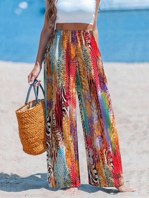 zomerse kleurrijke print wijdpijpbroek, comfortabele losse vakantie strandbroek voor vrouwen, lichtgewicht en ontspannen zomer strand vakantie casual broek