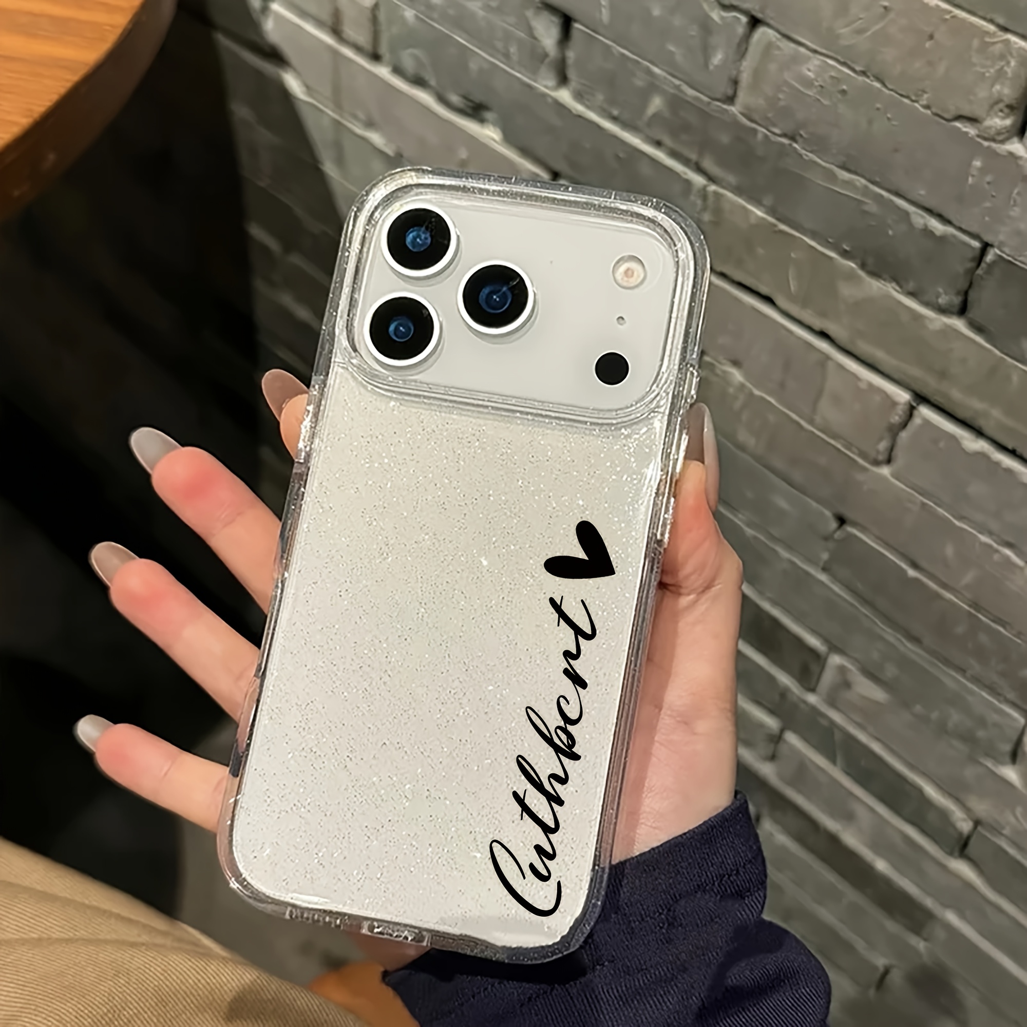 TEMU Phone Case - Glitter Transparent Phone Case Personalized Customized Heart Pattern Name Compatible With Iphone 17 16 15 14 13 Pro Max Shockproof