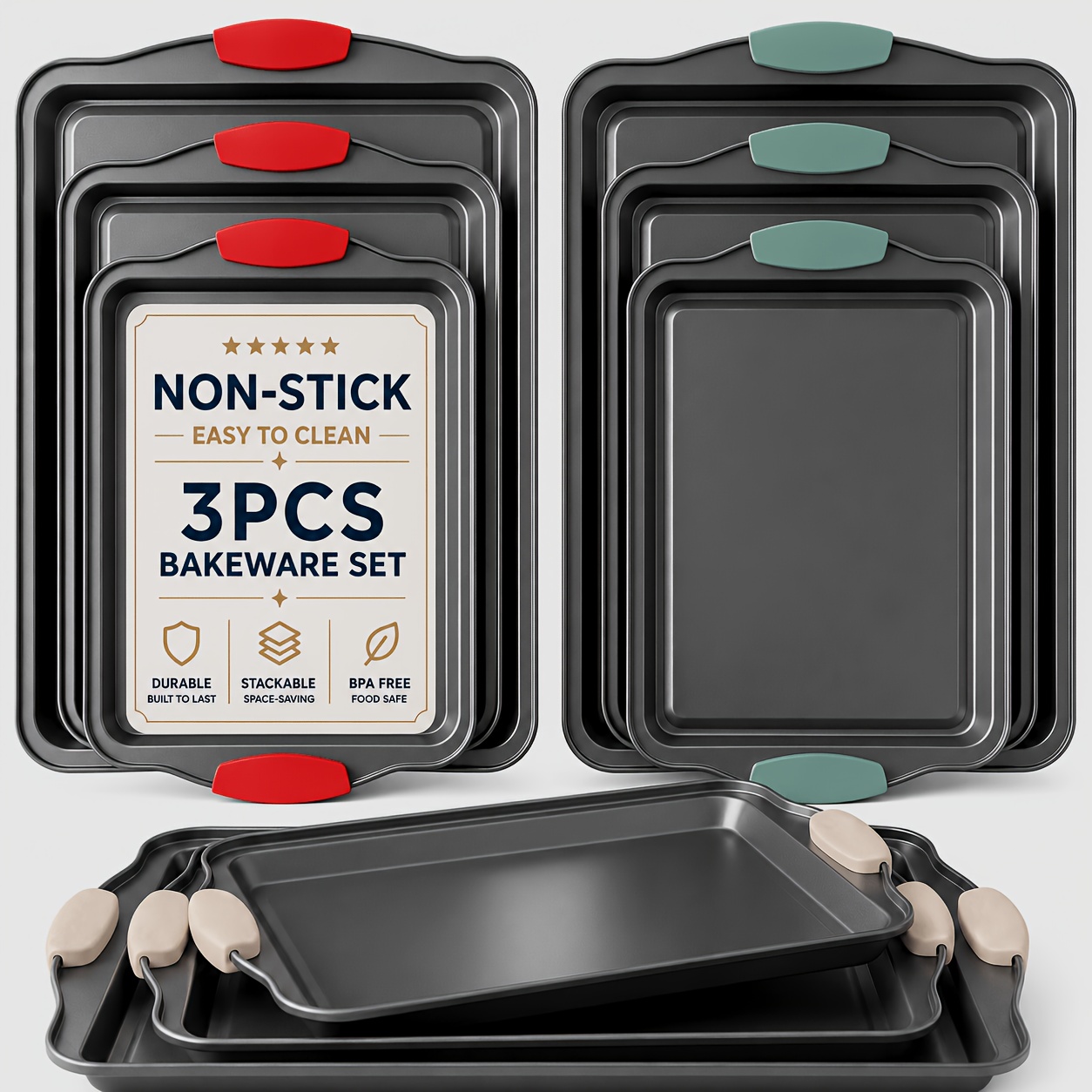 3PCS Nonstick Carbon Steel Baking Pan Set with Detachable Silicone Handles – Premium Commercial-Grade Bakeware, Rimmed Cookie Sheets for Cookies, Pizza, Cakes, Roasting & Home Kitchen — Zaynora Luxury Marketplace