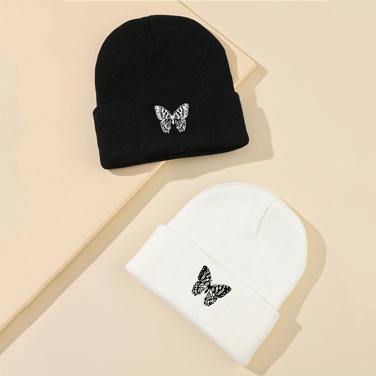 

Embroidered Butterfly Knit Beanie Hat For Men And Women - Acrylic Lightweight Cap With Switch Closure, Hand Washable, Holiday Themed, New Year's Day -