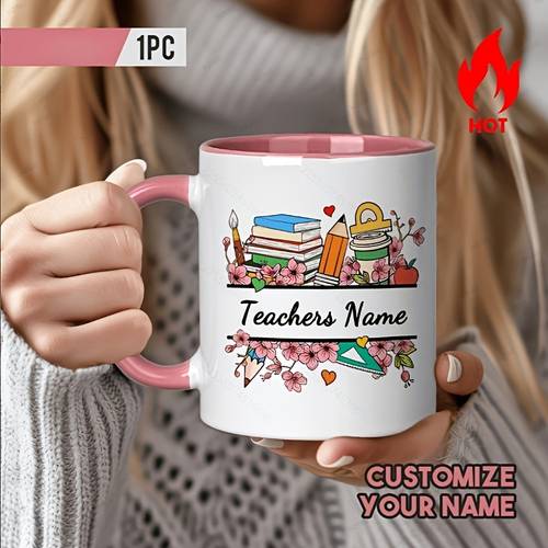 custom 11oz ceramic coffee mug with personalized name design teacher themed tea cup unique pattern featuring books pencils and dishwasher safe perfect gift for educators colleagues ideal for back to
