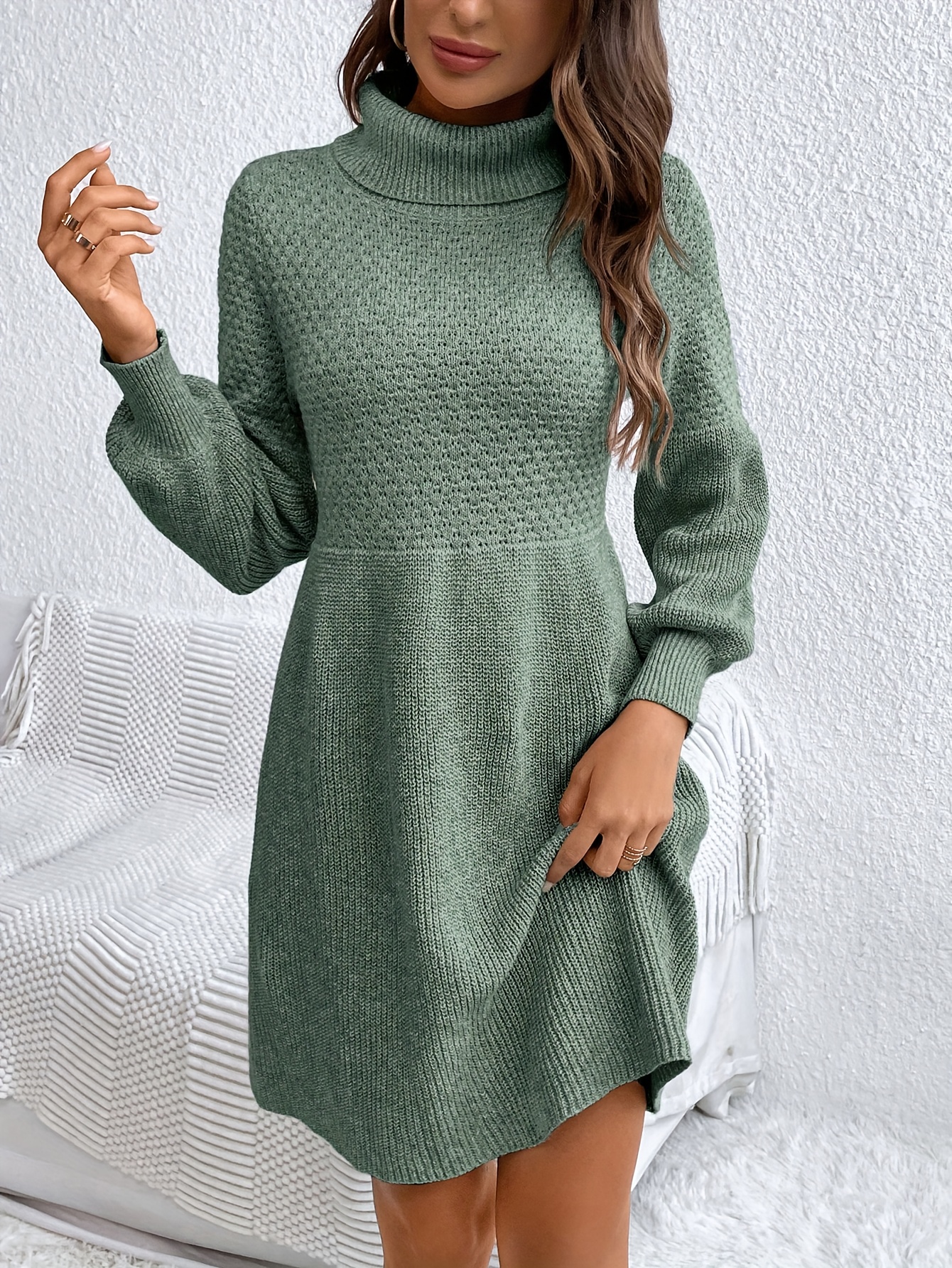 Elegant Casual Womens Sweater Dress High Neck Loose Long