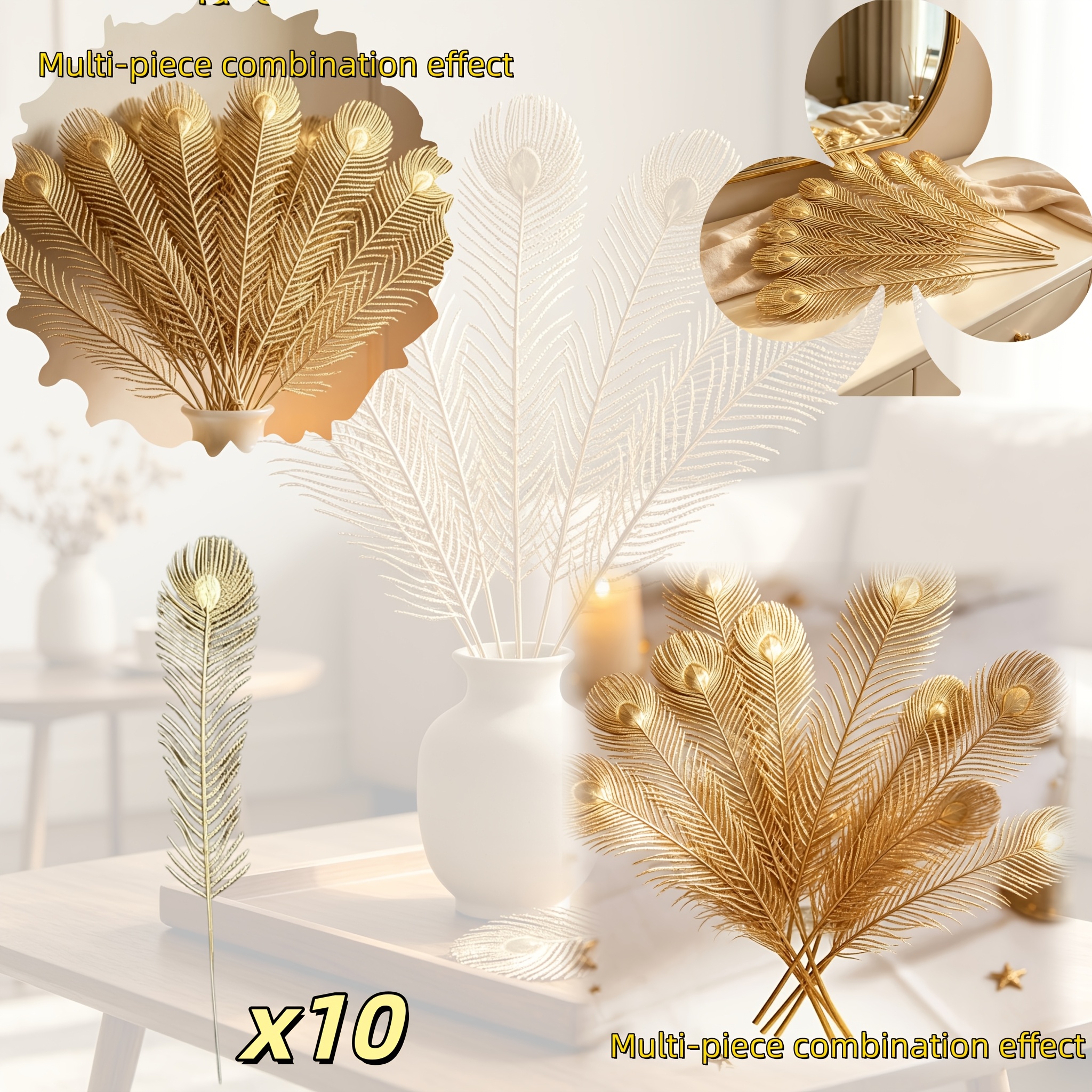 TEMU 10-pack Long Golden Artificial Peacock Feathers, Luxury Electroplated Golden Feathers, Christmas Vase Arrangement, Wedding Party Atmosphere
