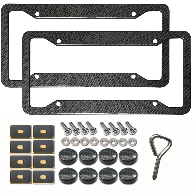 TEMU 2pcs Carbon Fiber License Plate Frame, Fiber Pattern Plastic Front And Frame Set 2 Pack, Includes Mounting Additions, Screws, Screw Caps And