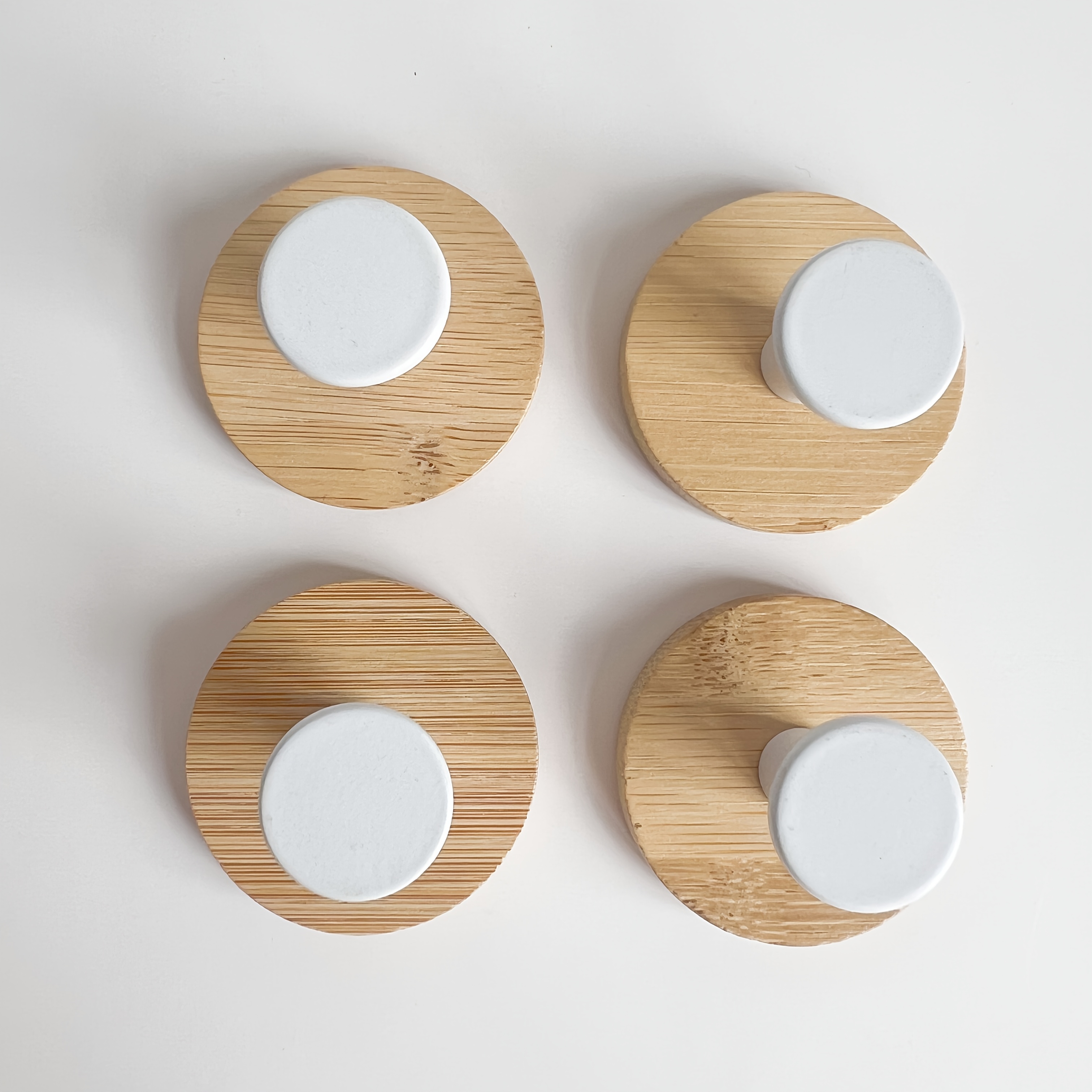Image of Four-pack No-drill Minimalist Round Bamboo Wood Base Coat Hooks For Kitchen, Bathroom, Entryway, And Hat/accessory Storage With Strong Adhesive Hooks, Utility Hooks