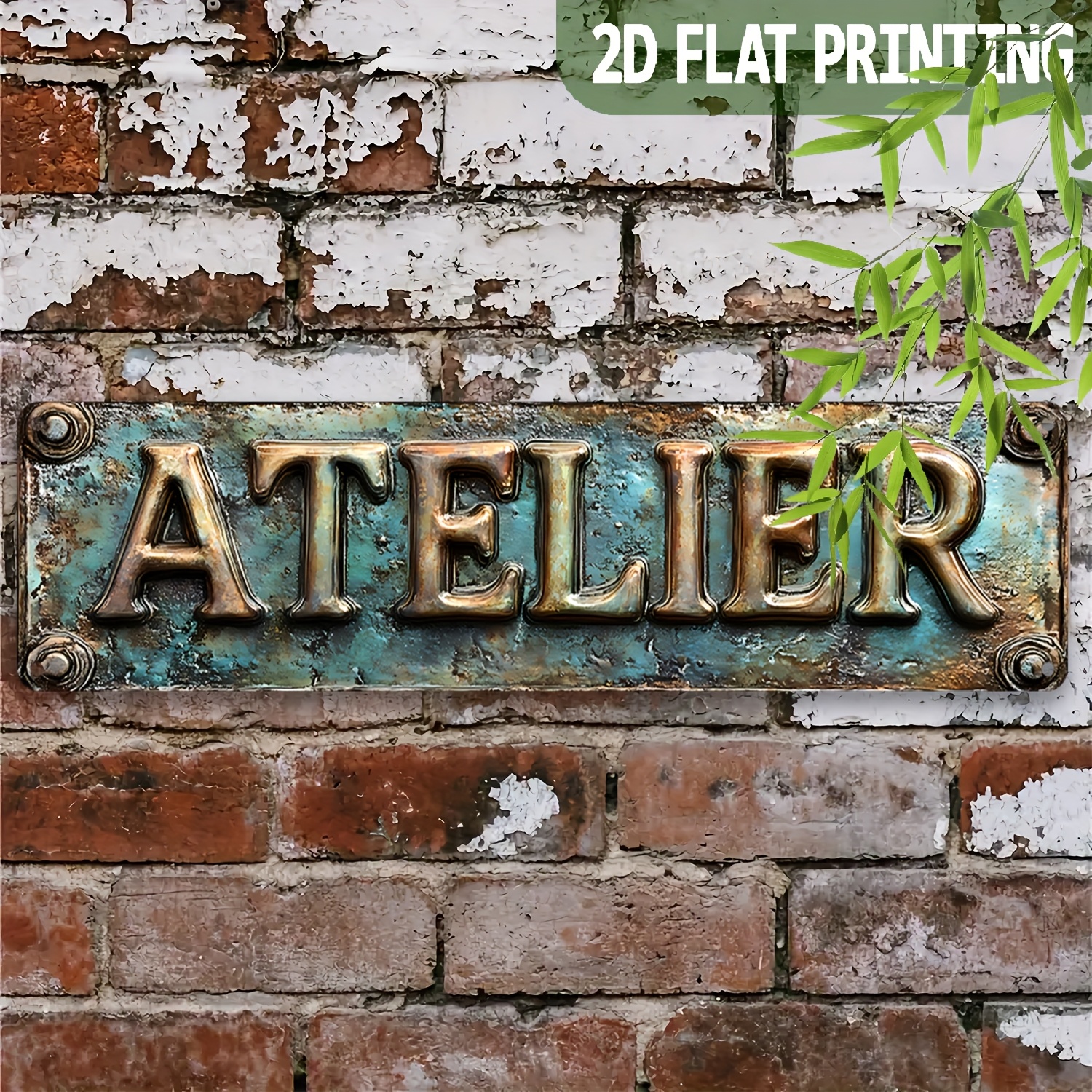 TEMU 2D plat, 1 pièce "ATELIER" Vintage aluminium mur art (15.7x3.9in) - Rustique bleu et doré plaque décorative , café, bar, garage, jardin -