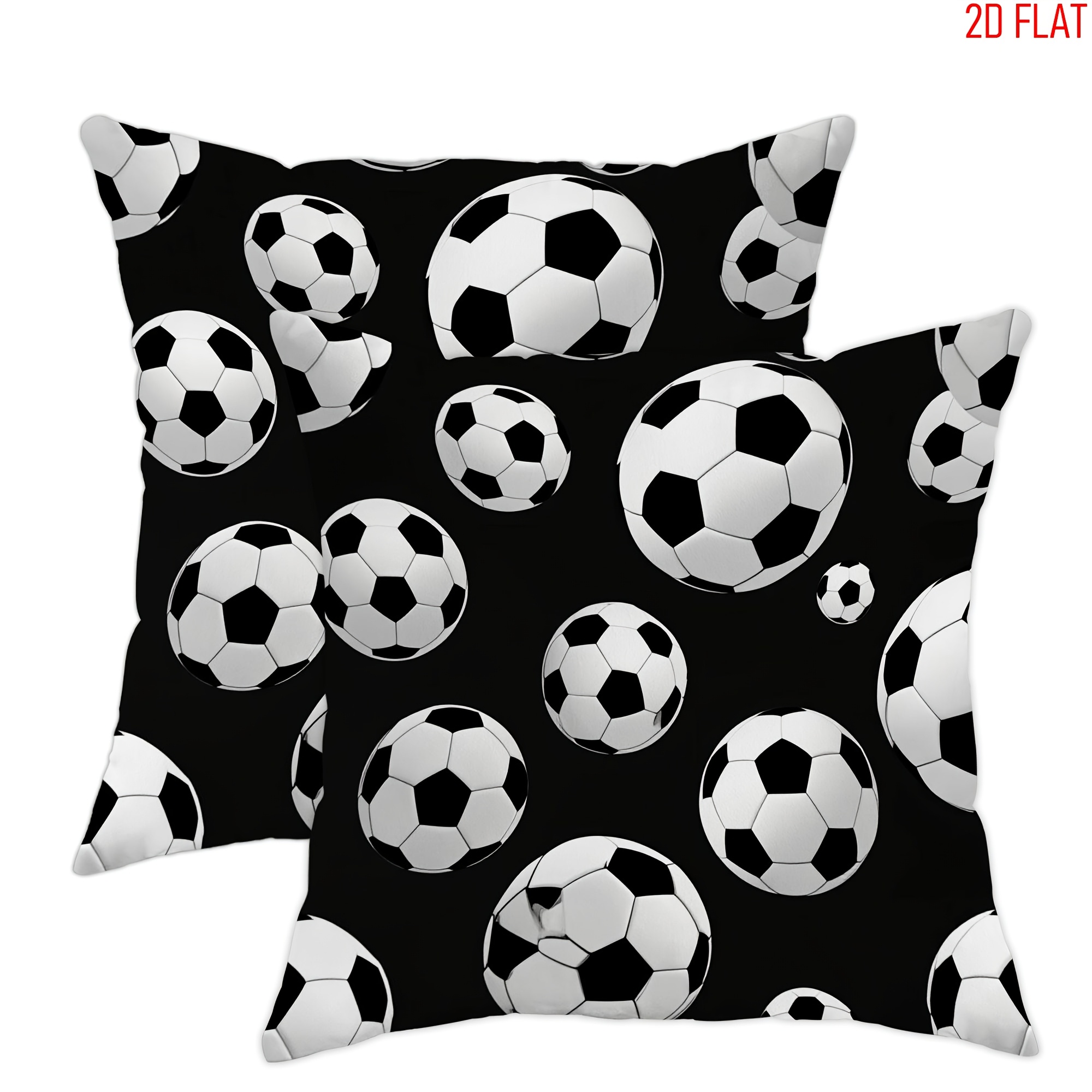 TEMU 2pcs 2d Flat Soccer Ball Throw Pillow Covers, Sporty Modern Black Background White N/a Black Soft Velvet Washable Cover Decorative Pillows For