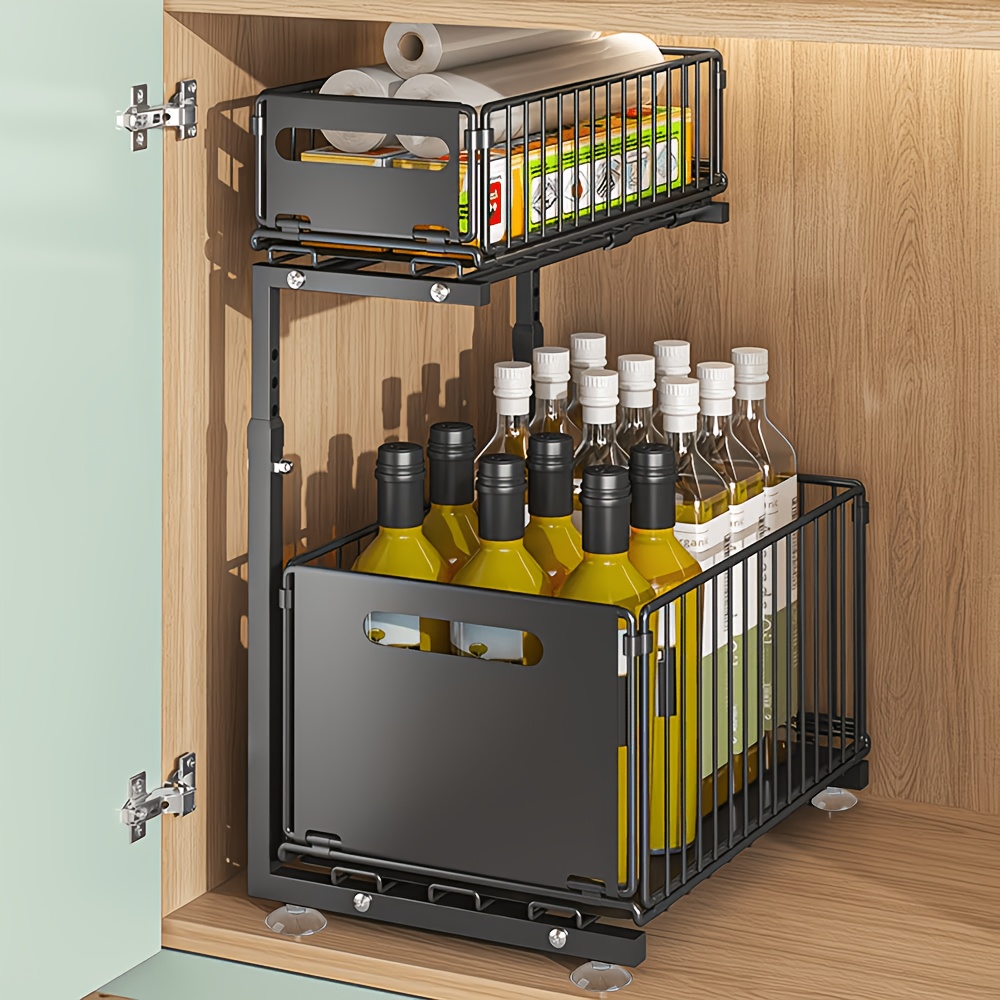 TEMU A Single Pack Of Under-sink Organizer Featuring A Spacious Double-layer Pull-out Storage Rack, Ideal For Kitchen Cabinets. This Golden Sliding