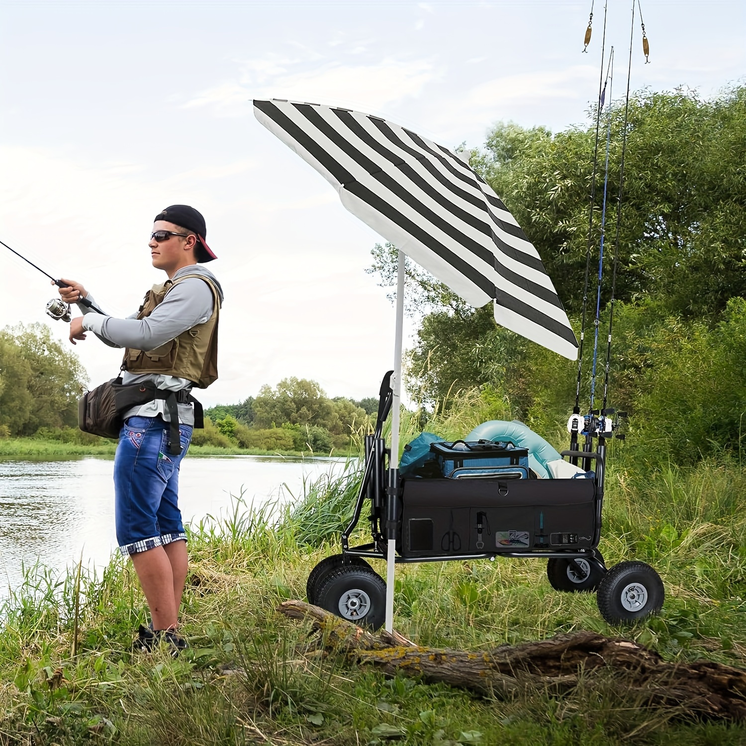 

Fishing Cart Beach Cart Collapsible Wagon W/11'' Wheels For Sand, Heavy Duty Garden Cart With Rod Holders, Umbrella Holder And Storage Pockets, 550lb Large Capacity