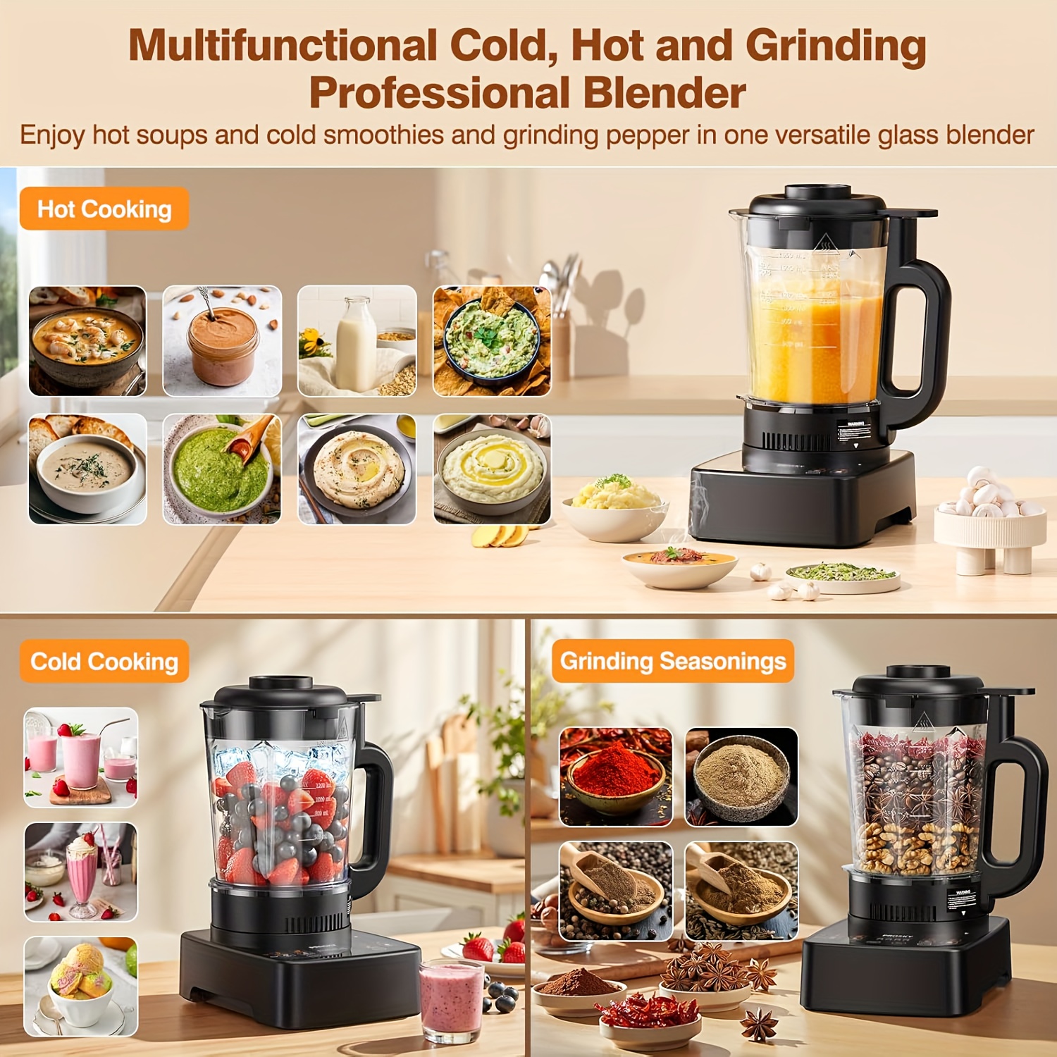1000w 55oz all in one blending heating blender with 25000 rpm high speed motor     functions glass jar cup bpa free dishwasher safe   2 in 1 design for smoothies soups food nut   ice   hot cold blending black ideal for large families commercial use 120v 2400w equivalent   blender blender and grinder heavy duty blender smoothie blender Product details 0