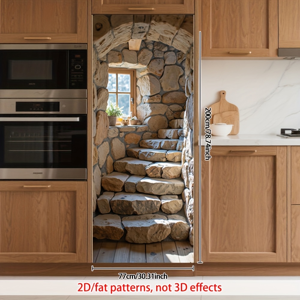 Image of 1pc 2d Flat Stone Steps Rustic Style Pvc Door Sticker - Design By Detachable Self-adhesive For Doors And In , Outdoor Areas, And Hospitality Settings, 2d Flat