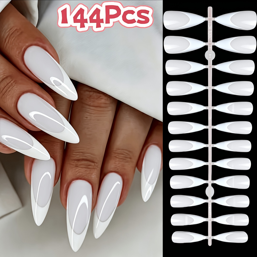 TEMU 144pcs Long Stiletto Press-on Nails, White French Tip Soft Gel Nail Tips, Teardrop Fake Nails Set, Featuring A Easy And Versatile Style In 12