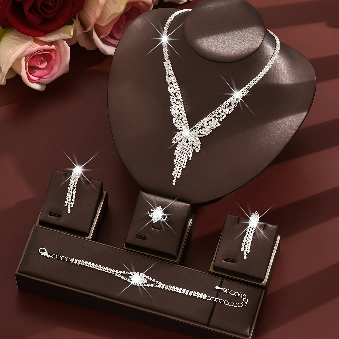 Classic Rhinestone Jewelry Set with V-Shaped Tassel Necklace