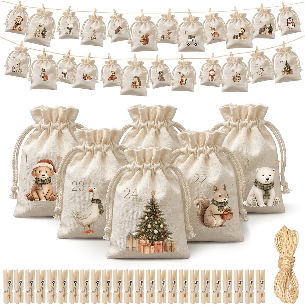 TEMU Calendrier de l'Avent en tissu à soi-, lot de 24 sachets en lin (à soi-, 3 tailles) avec pinces en bois