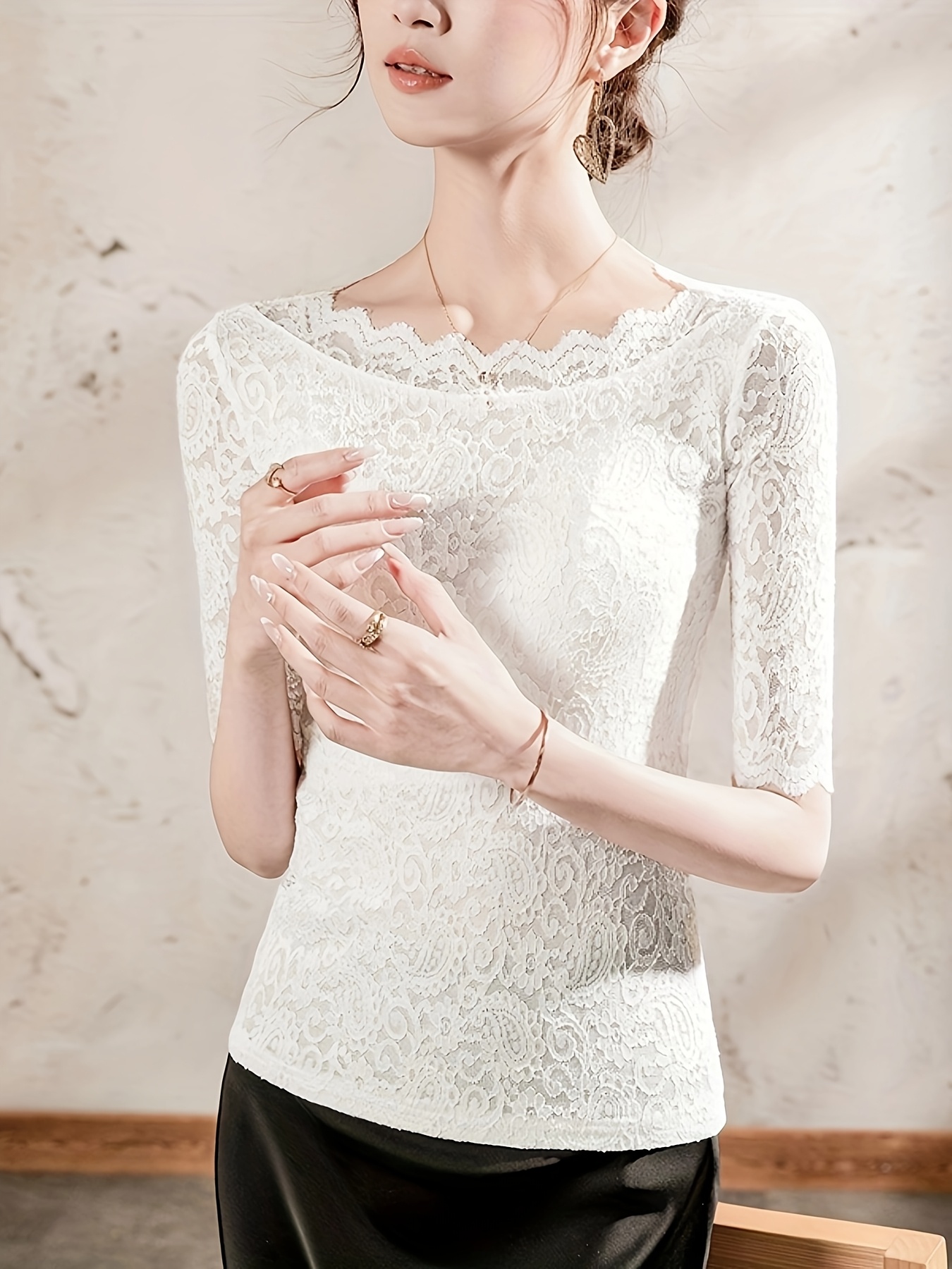 piezas elegantes blusas encaje hombros descubiertos 5/6 Temu Spain