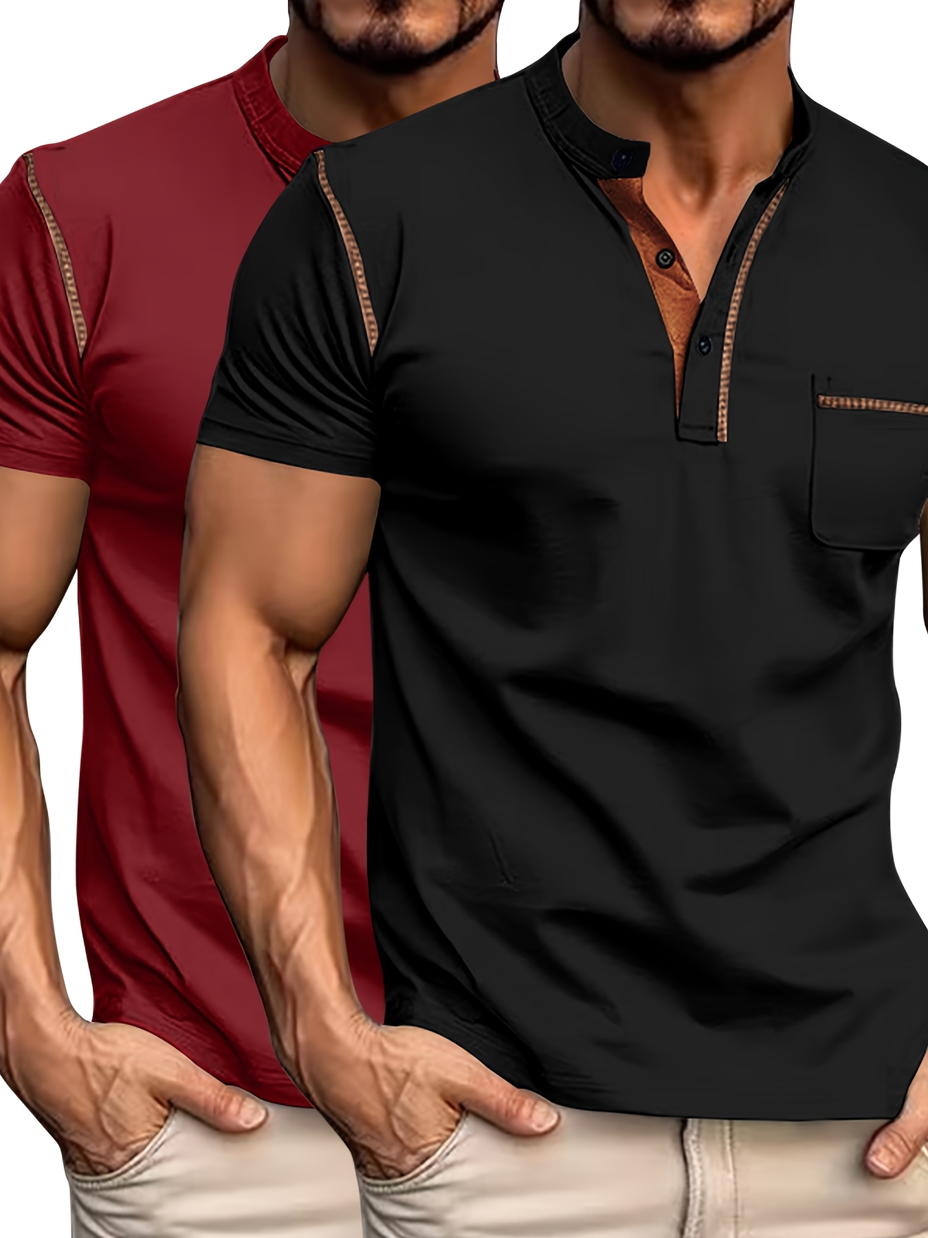 Conjunto de duas peças casual para homem, camiseta, camiseta de manga curta com decote em V e detalhes de botão, camiseta desportiva ajustada.