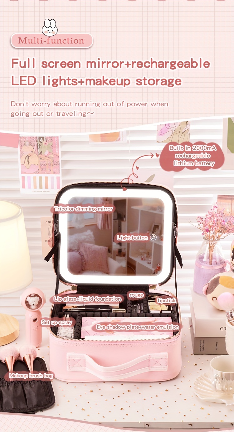 makeup bag with mirror and light 3 colors travel makeup bag with mirror portable lighted makeup organizer cosmetic case birthday gift for girls women details 1