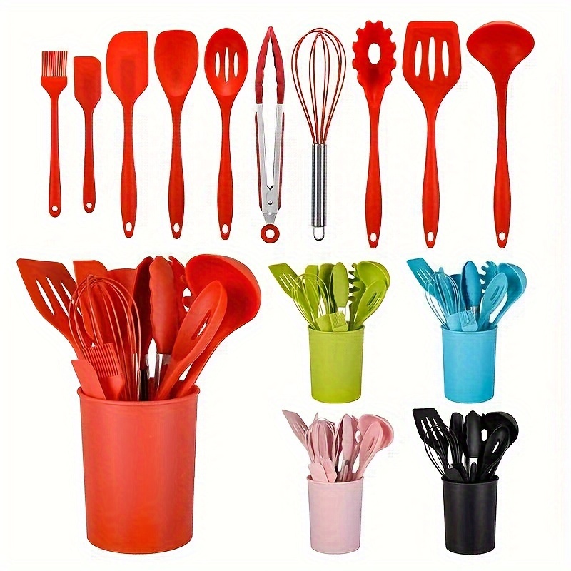 

11pcs Silicone Kitchen Utensil Set With Storage Bucket, Spatula, Spoon, Cooking Tools Kit For Home Use, Festive Holiday Gift For Christmas, Easter, Hanukkah, Thanksgiving, Valentine's Day