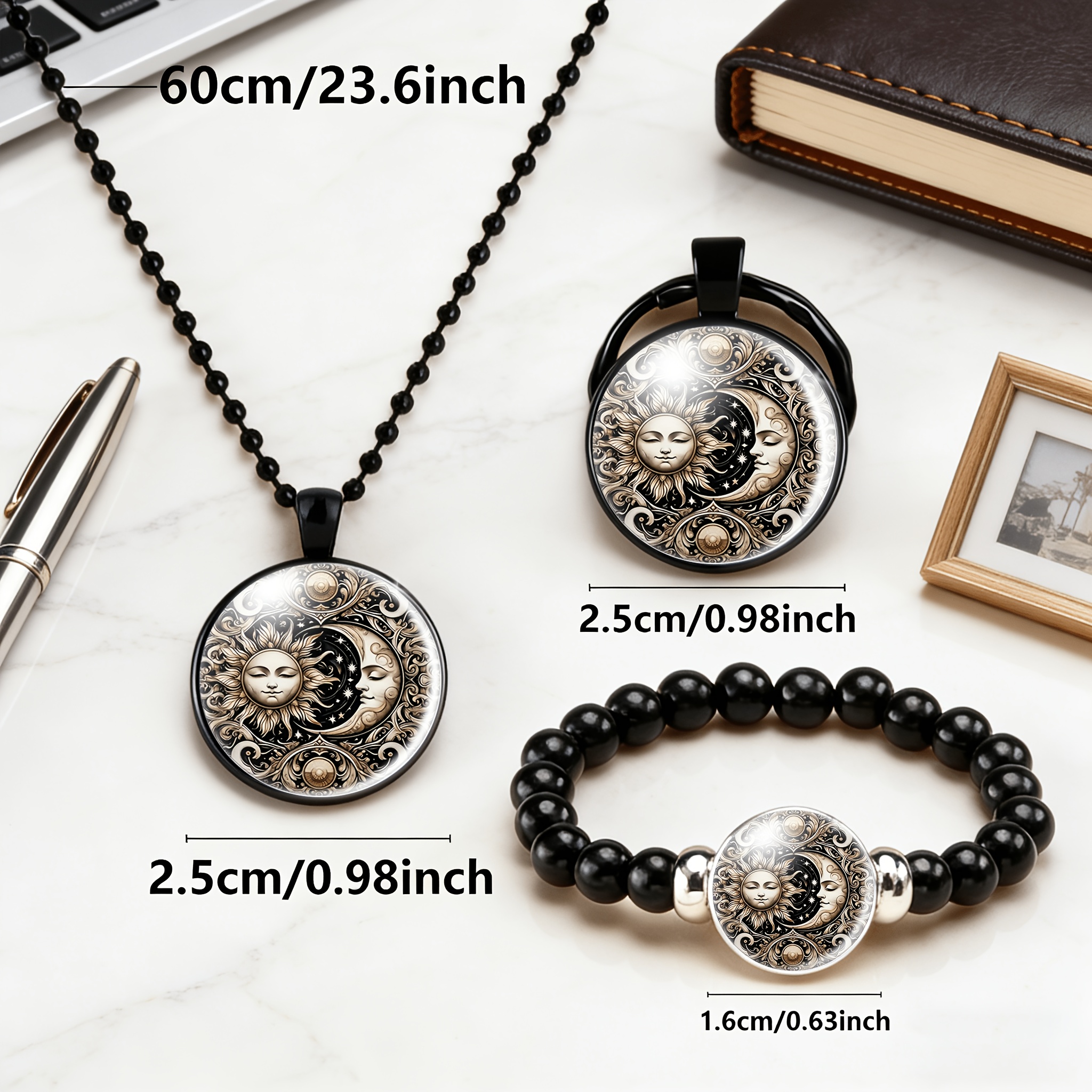 3pcs Men's Black Accessory Set with Necklace, Bracelet, Keychain