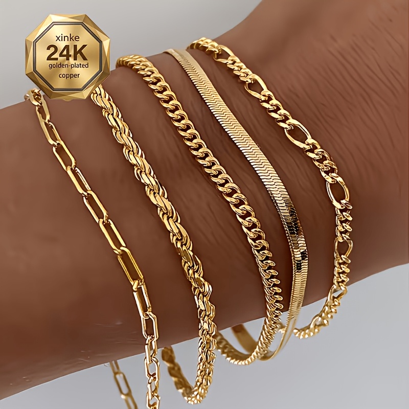 TEMU Premium 5pcs High-quality Light Luxury 24k Gold Plated Unisex Bracelet Set, Elegant And Luxurious Fade-resistant Women's Jewelry, Suitable For