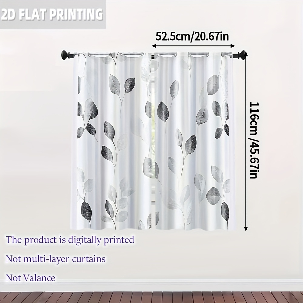 TEMU 2D Plat - 2D Plat - Ensemble de 2, Rideaux Imprimés Numériquement avec un Design de Feuilles Blanches 2D en Polyester (Tuteur Non , Pas de