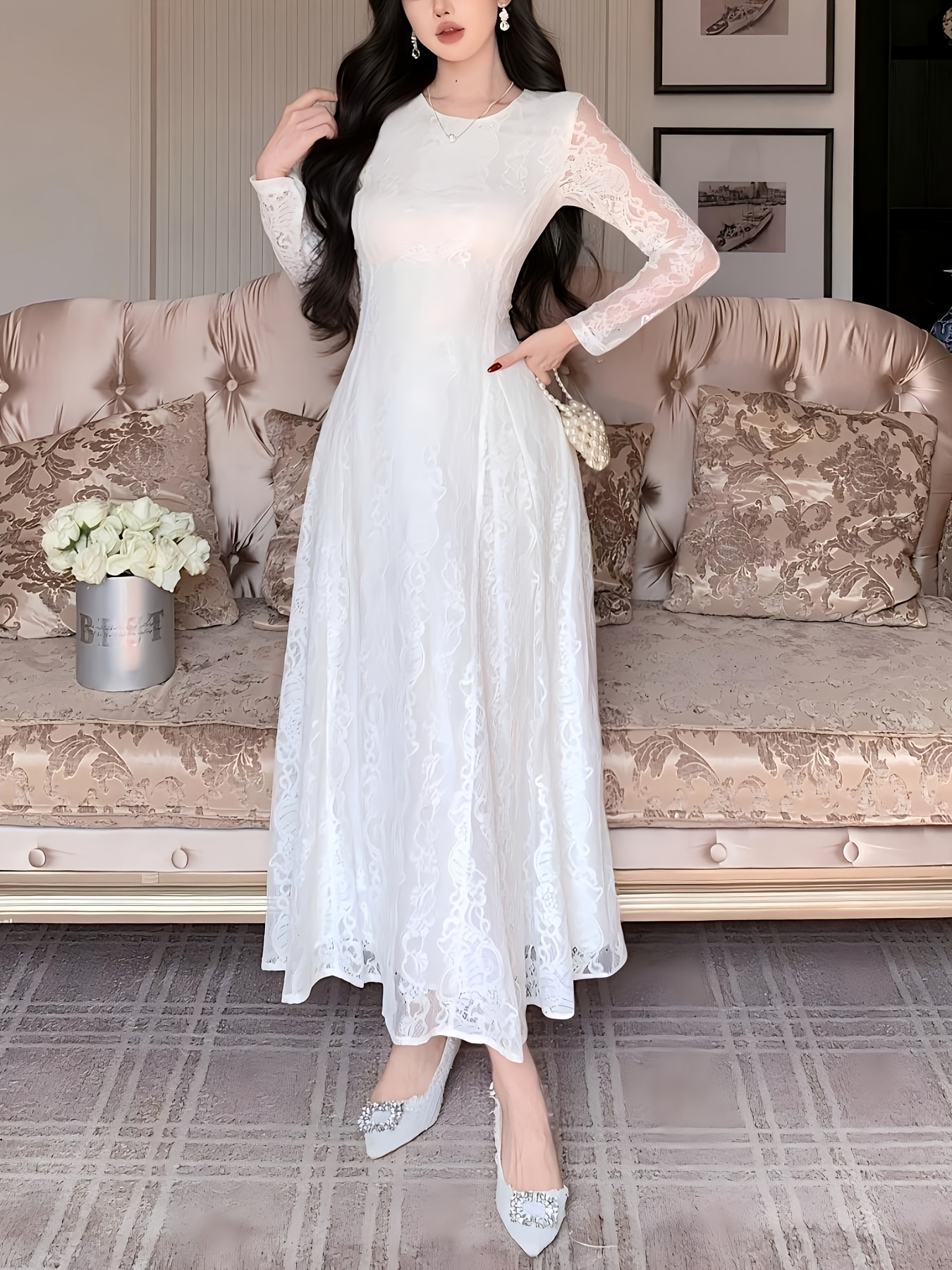 women elegant korean dress lace paneling waist - Temu Oman