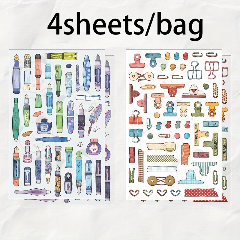 Image of 4 Sheets/bag Simple Drawing Stationery Theme Stickers, Student Journal Decorative Stickers, . Suitable For Office, Photo Frames, Cups, Stationery Boxes, Diaries, Back-to- Gifts, And Decorations