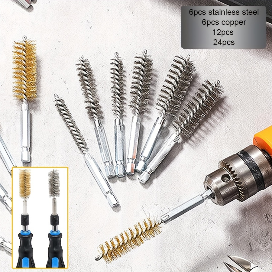 

6/12/24pcs 8mm-19mm Drilling Brushes, Stainless Steel Copper Cleaning Brushes Drill Metal Wire Burring Cleaning Tool