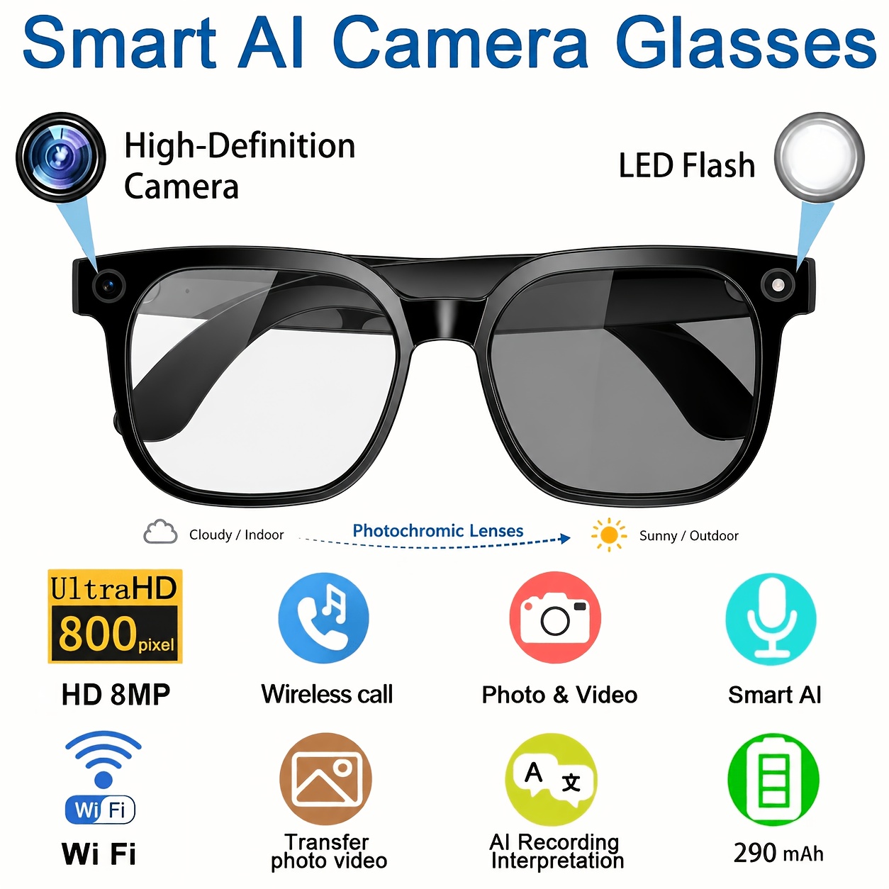 TEMU 2026 Ai Camera Smart Glasses, Hd Photo And Video Recording, Led Flash, Photochromic Lenses, Wireless Calling, Wifi Photo Transfer, Assistant,