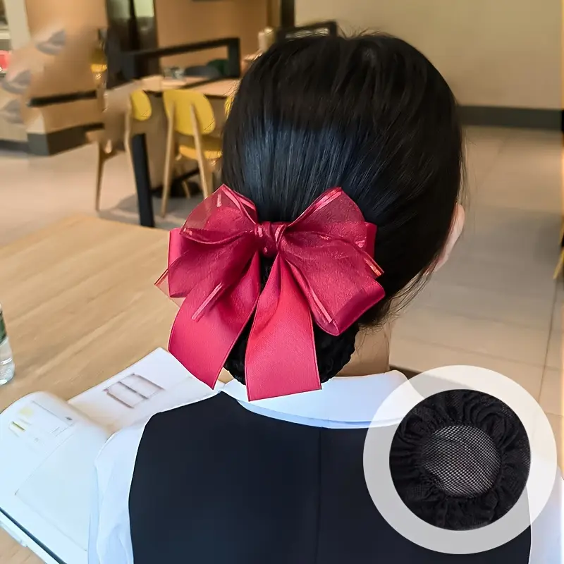 1pc elegant ribbon bow chic professional hair accessory nurse hotel staff hair clip with net cute knot work hairpin Product details 12